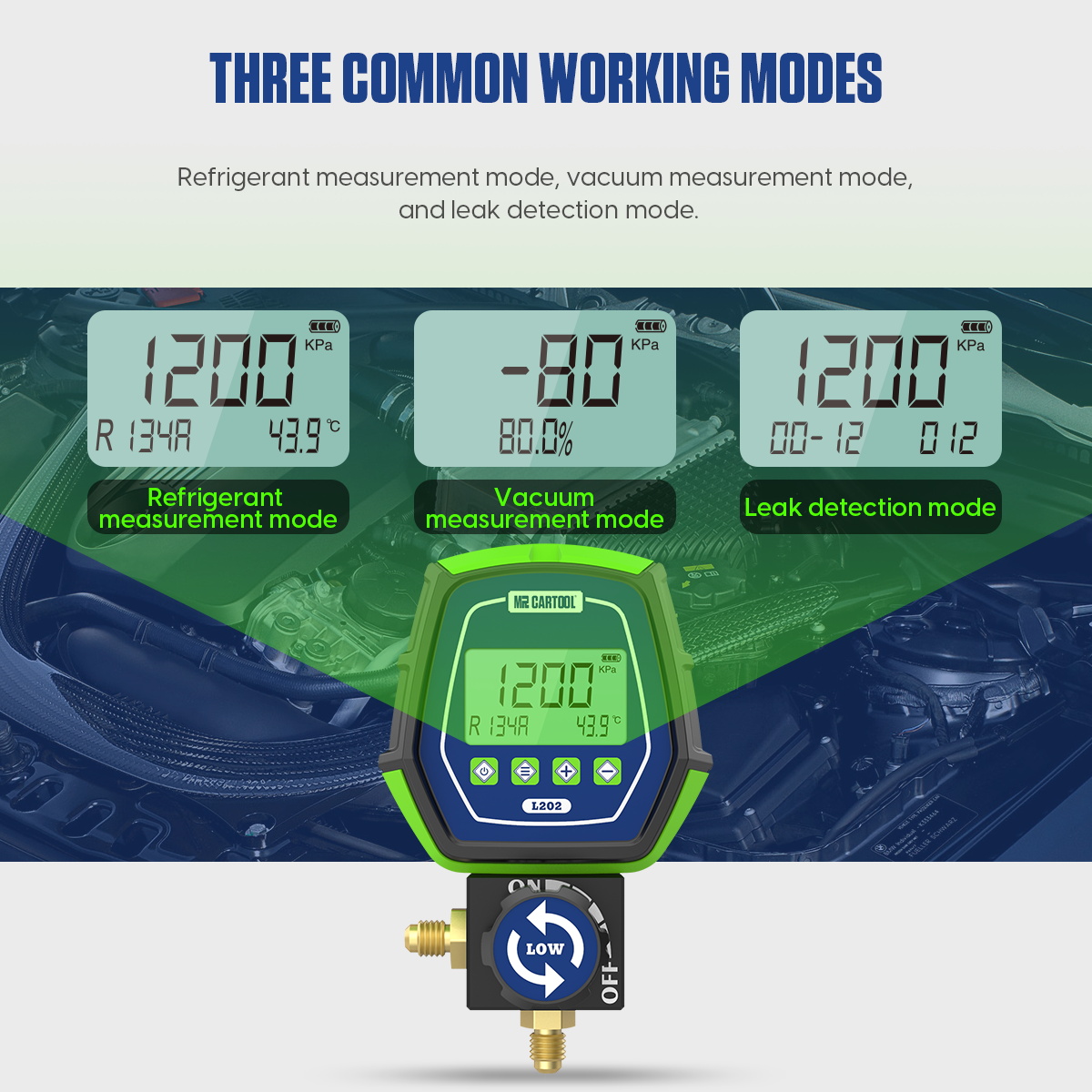 MRCARTOOL L202 display examples for refrigerant pressure, vacuum percentage and pressure leak-test modes.