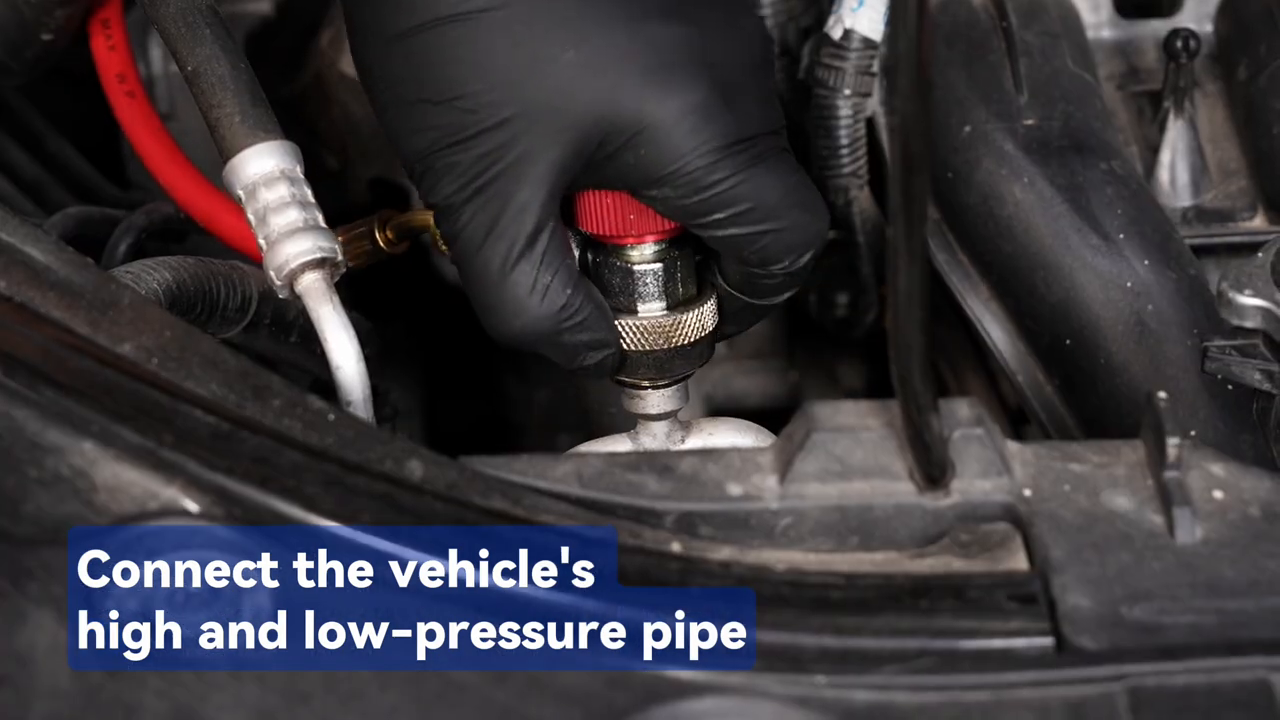 Official MRCARTOOL L205 tutorial showing the high- and low-pressure hoses connected to the vehicle service ports.