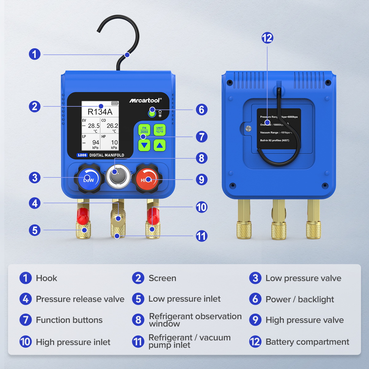 MRCARTOOL L205 digital manifold with color screen, function keys, pressure-release valve, low and high valves, low and high inlets, and center service port labelled.