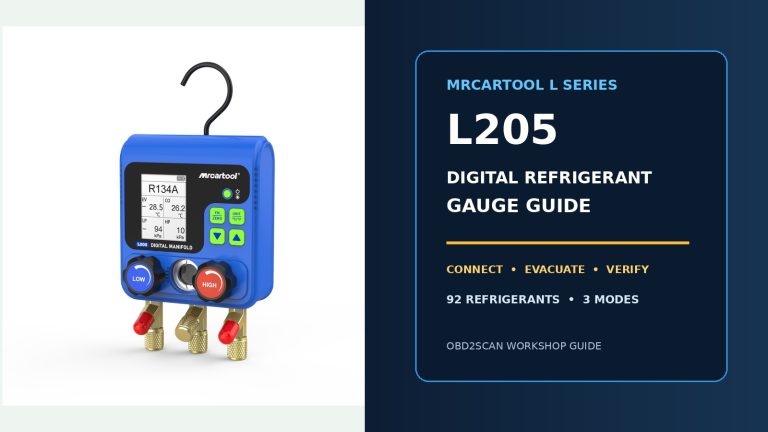 MRCARTOOL L205 digital refrigerant gauge with illustrated operating-guide title.