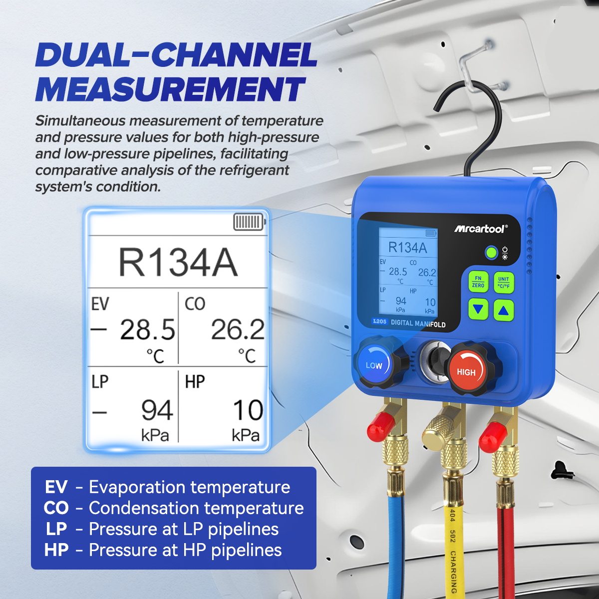 MRCARTOOL L205 dual-channel display showing evaporation and condensation saturation temperatures with low- and high-side pressure.