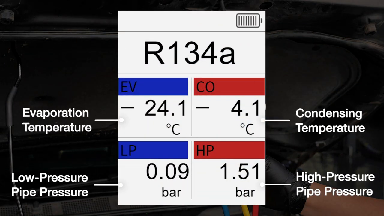 Official MRCARTOOL L205 tutorial highlighting measured pressure, selected refrigerant and calculated refrigerant saturation temperature.