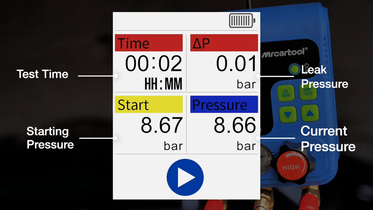 Official MRCARTOOL L205 tutorial showing timed pressure-hold data with starting pressure, current pressure and delta pressure.