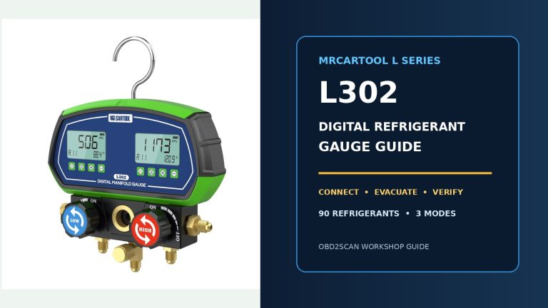 MRCARTOOL L302 digital refrigerant gauge with illustrated operating-guide title.