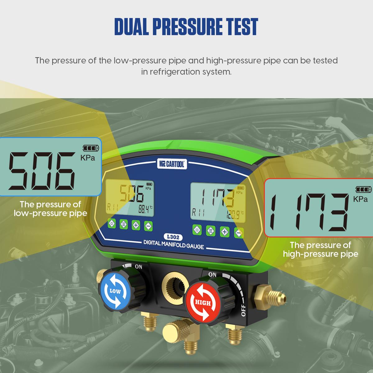 MRCARTOOL L302 dual-channel display showing evaporation and condensation saturation temperatures with low- and high-side pressure.