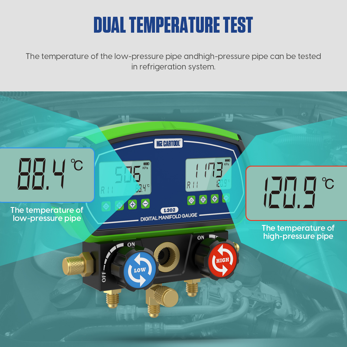 MRCARTOOL L302 showing the two pressure-derived saturation-temperature values for the selected refrigerant.