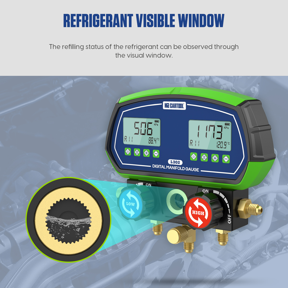 MRCARTOOL L302 center service port with the refrigerant-flow sight glass highlighted.