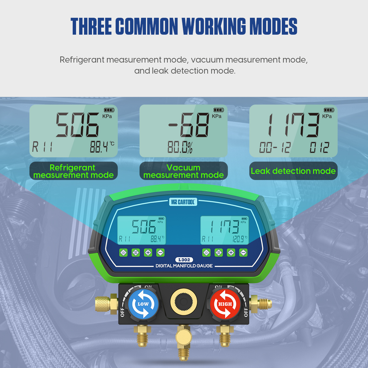 MRCARTOOL L302 display examples for refrigerant-pressure, relative-vacuum and pressure-leak modes.
