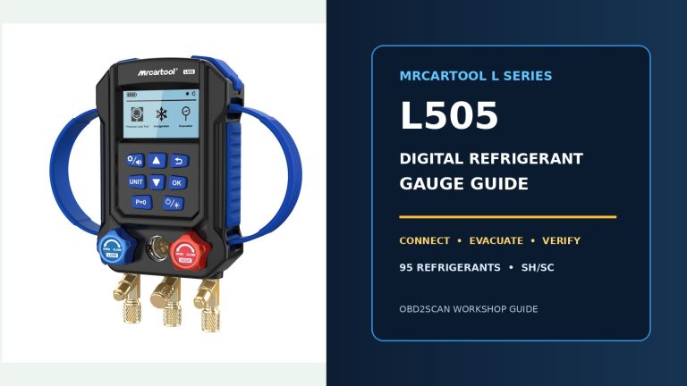 MRCARTOOL L505 digital refrigerant gauge with illustrated operating-guide title.