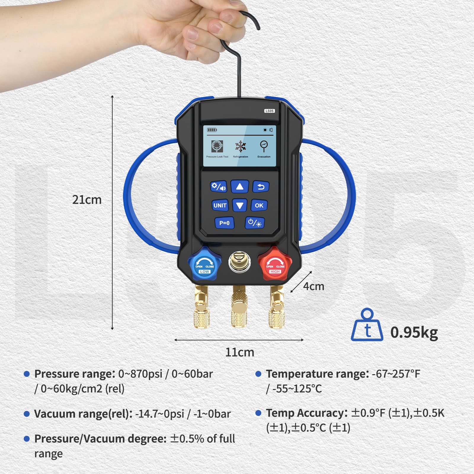MRCARTOOL L505 dimensions, hanging position and key pressure, vacuum and temperature specifications.