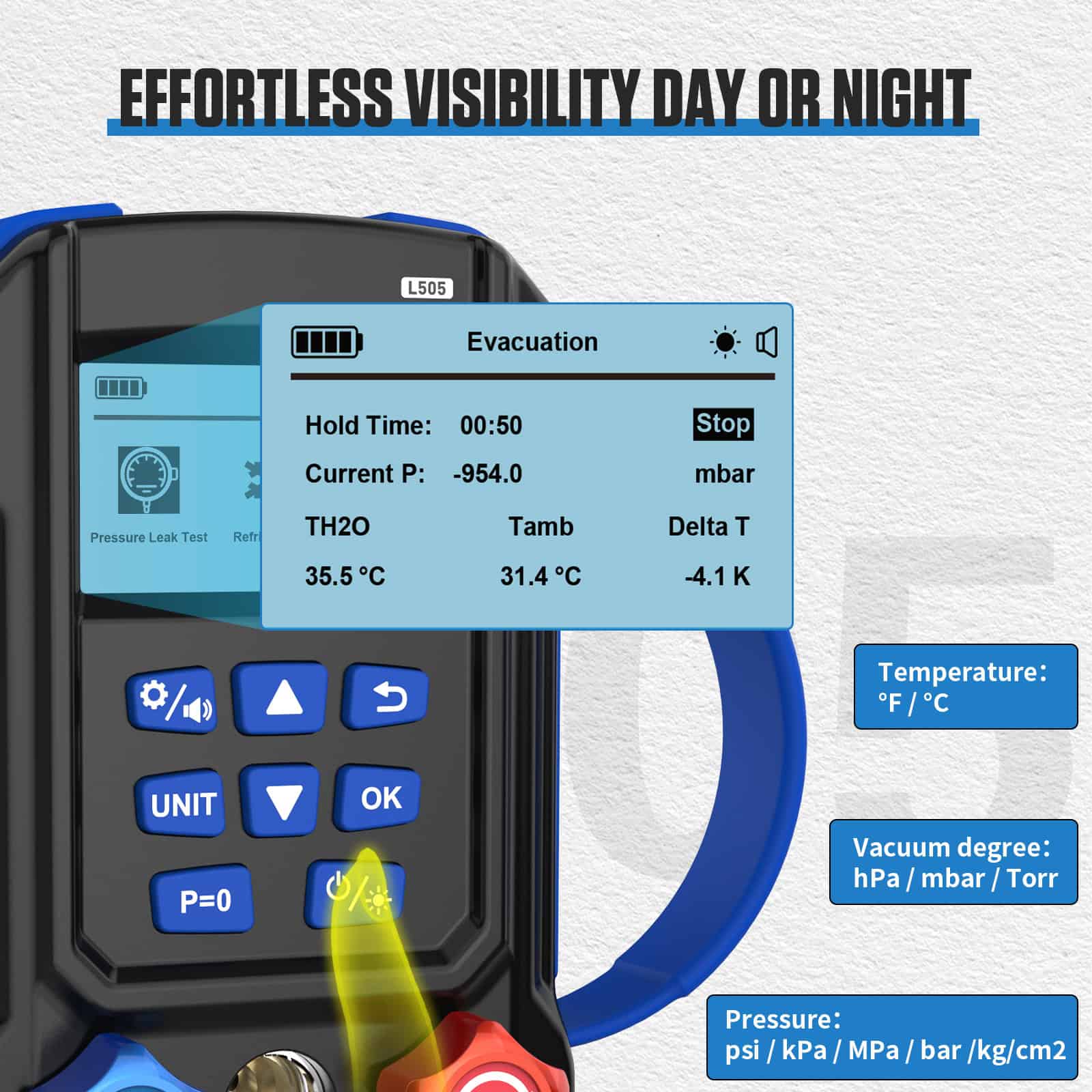 MRCARTOOL L505 backlit evacuation interface with supported pressure, temperature and vacuum-unit groups.