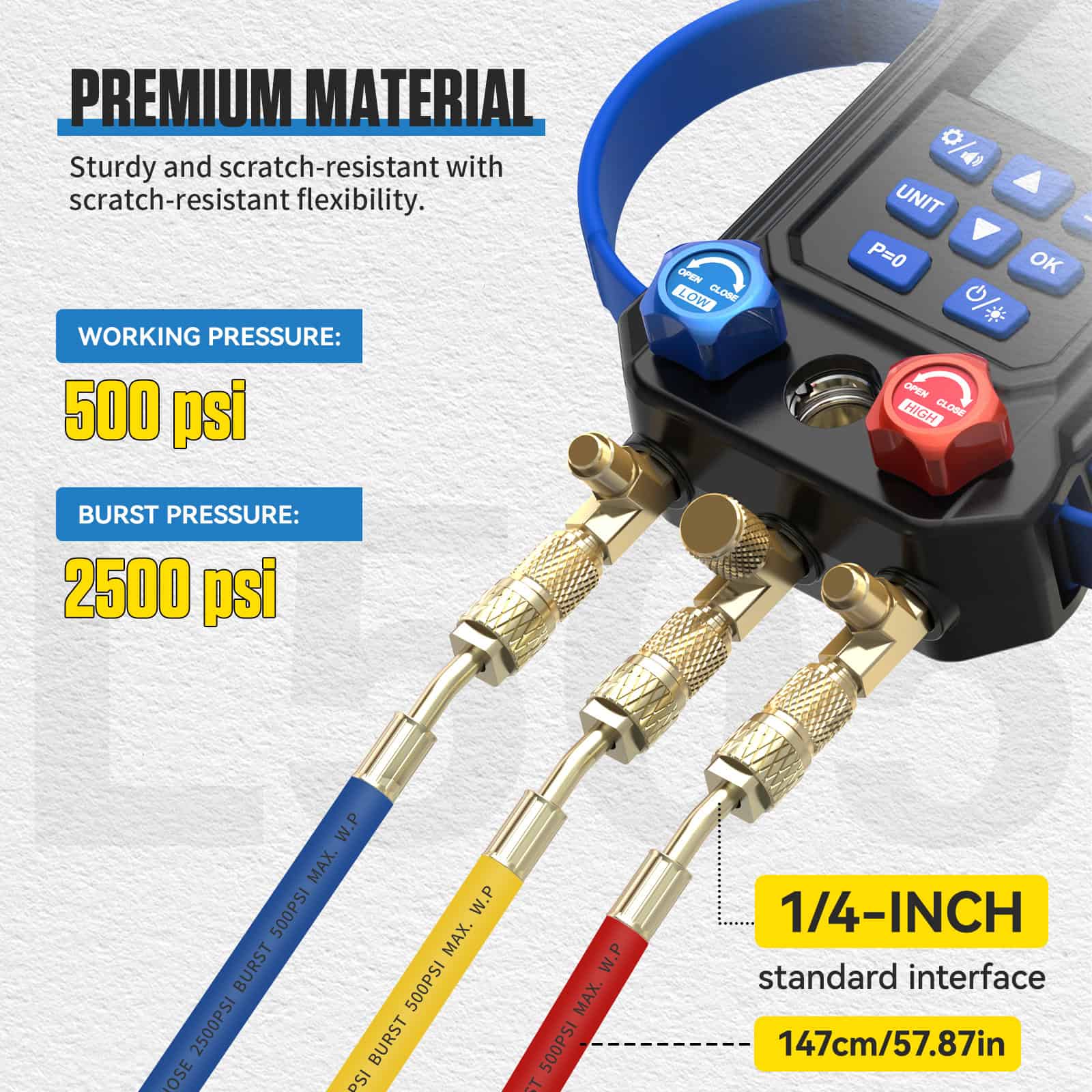 MRCARTOOL L505 brass hose connections and hand valves with the official hose working- and burst-pressure labels.