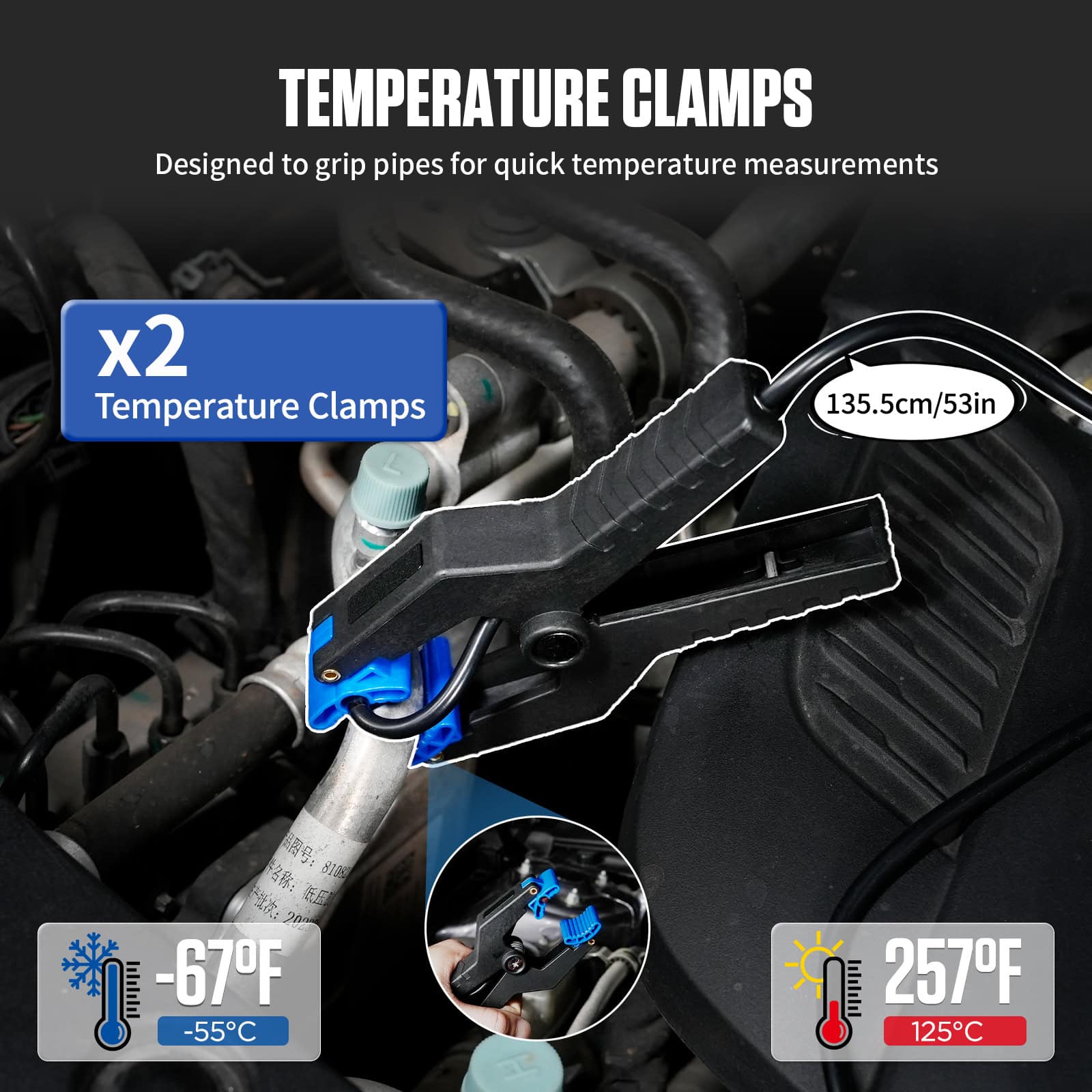 Two MRCARTOOL L505 clamp-shaped temperature probes attached to automotive air-conditioning pipes.