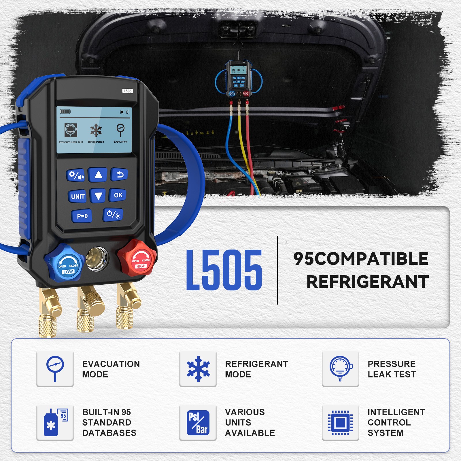 MRCARTOOL L505 connected to an automotive air-conditioning service setup with its three operating modes listed.