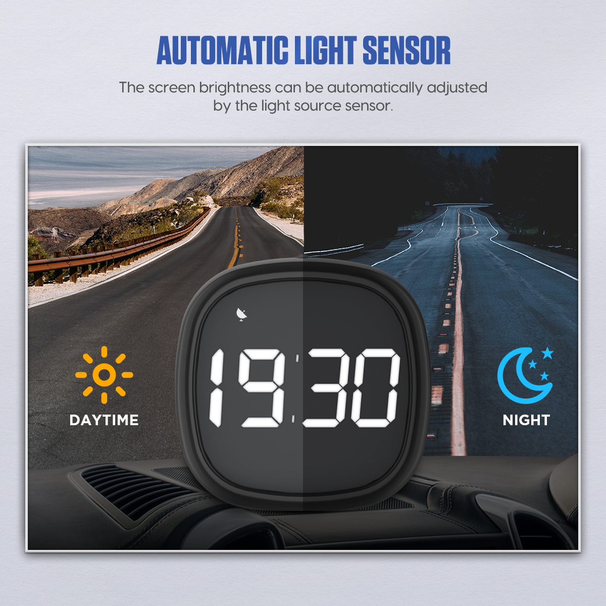 Official MRCARTOOL M30 automatic light-sensor graphic showing bright daytime and dimmer nighttime screen behavior.