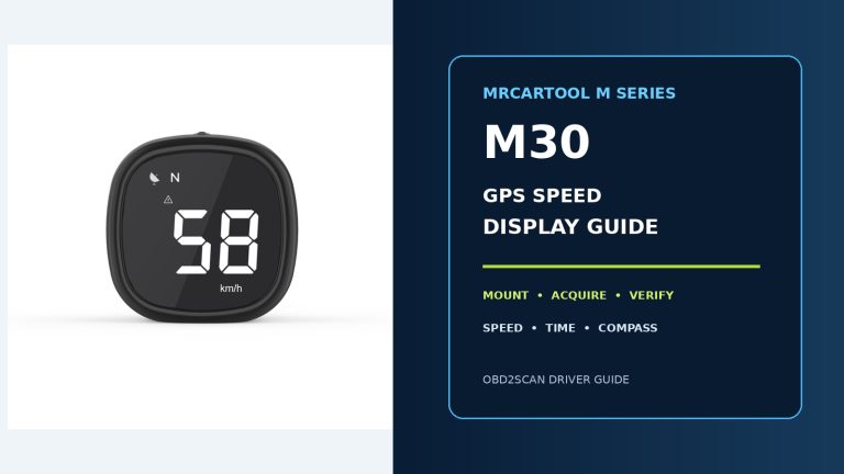 MRCARTOOL M30 GPS speed display beside a large illustrated setup-guide title.