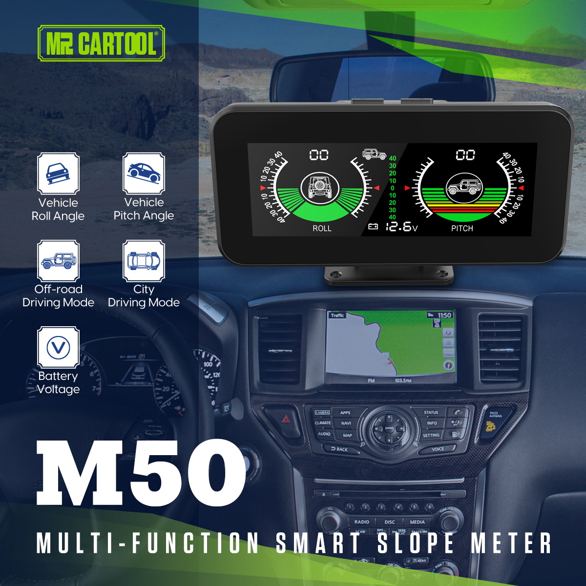 Official MRCARTOOL M50 overview showing roll angle, pitch angle, off-road/city mode and voltage fields.