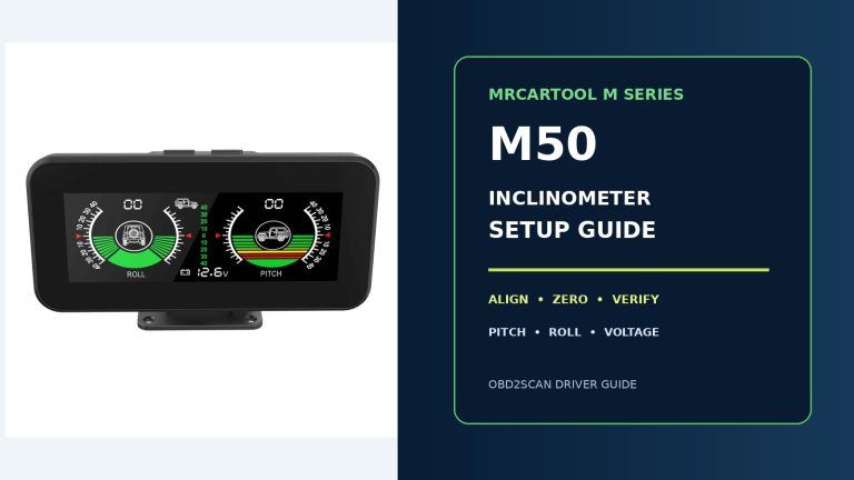 MRCARTOOL M50 inclinometer beside a large illustrated setup-guide title.
