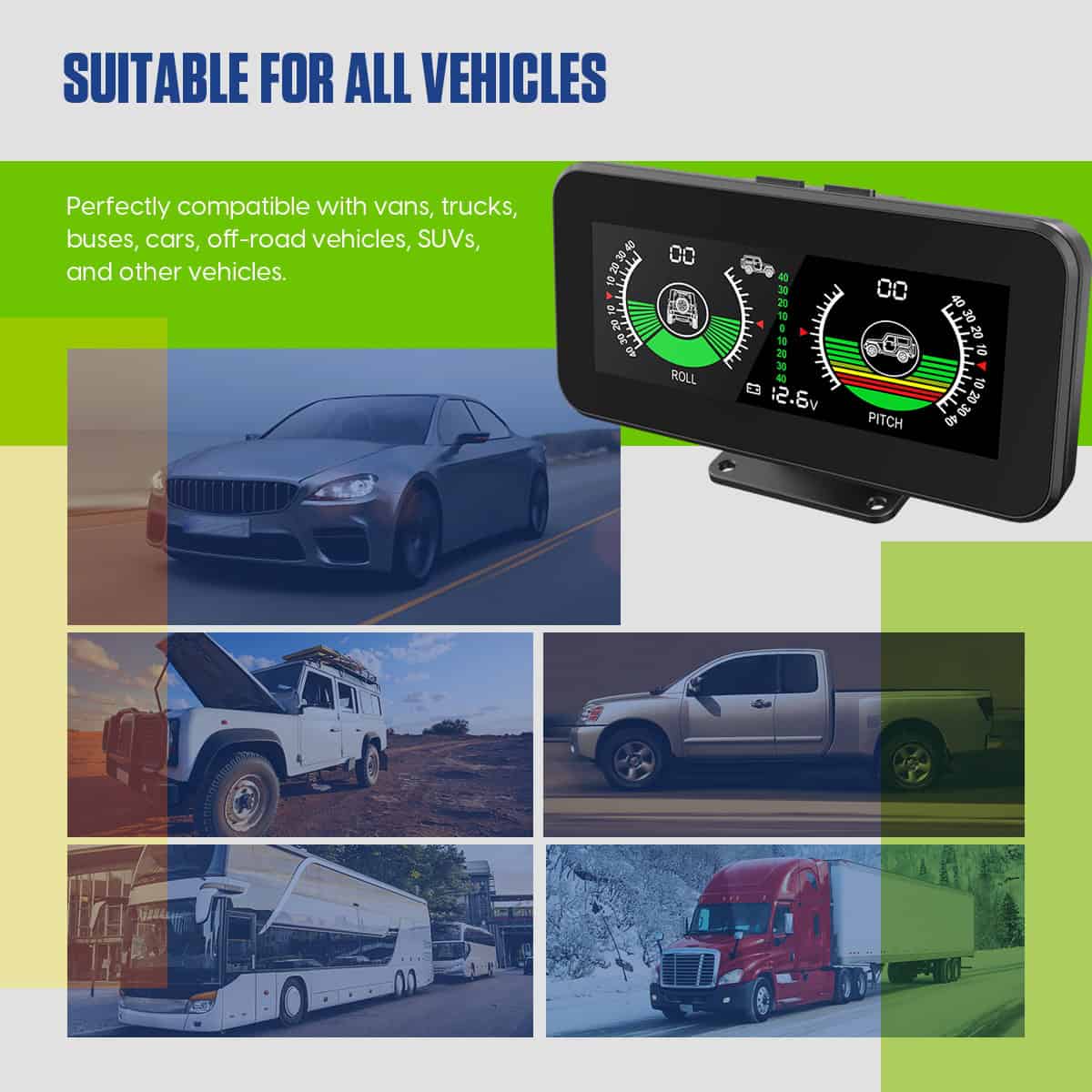 Official MRCARTOOL M50 vehicle-application graphic showing the display in different cars and utility vehicles.