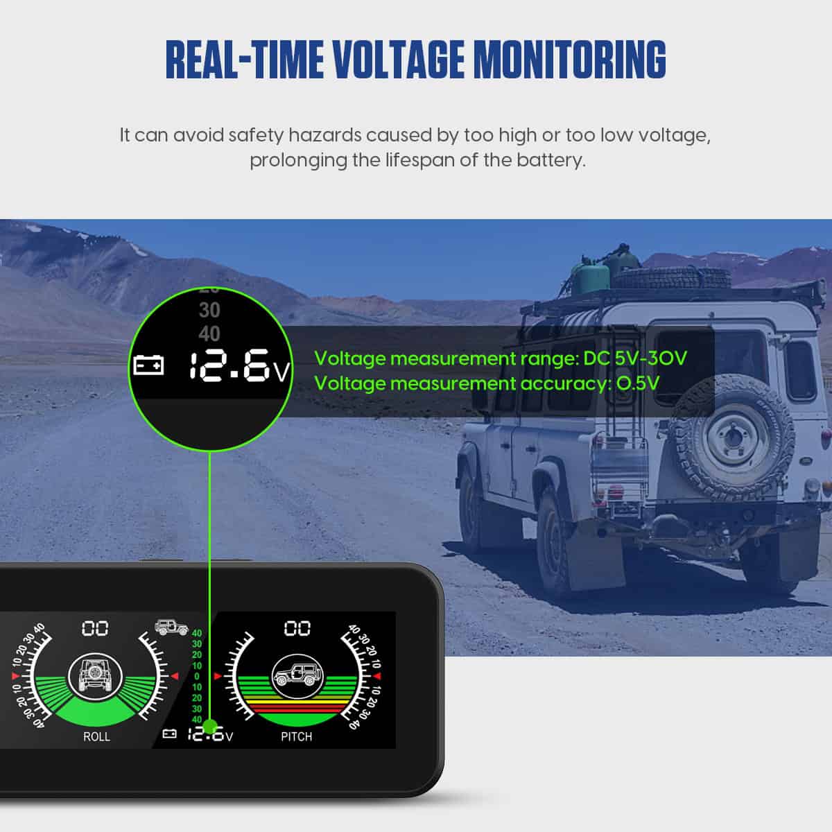 Official MRCARTOOL M50 voltage-monitoring graphic showing a 12.6 V example and stated DC 5–30 V measurement range.