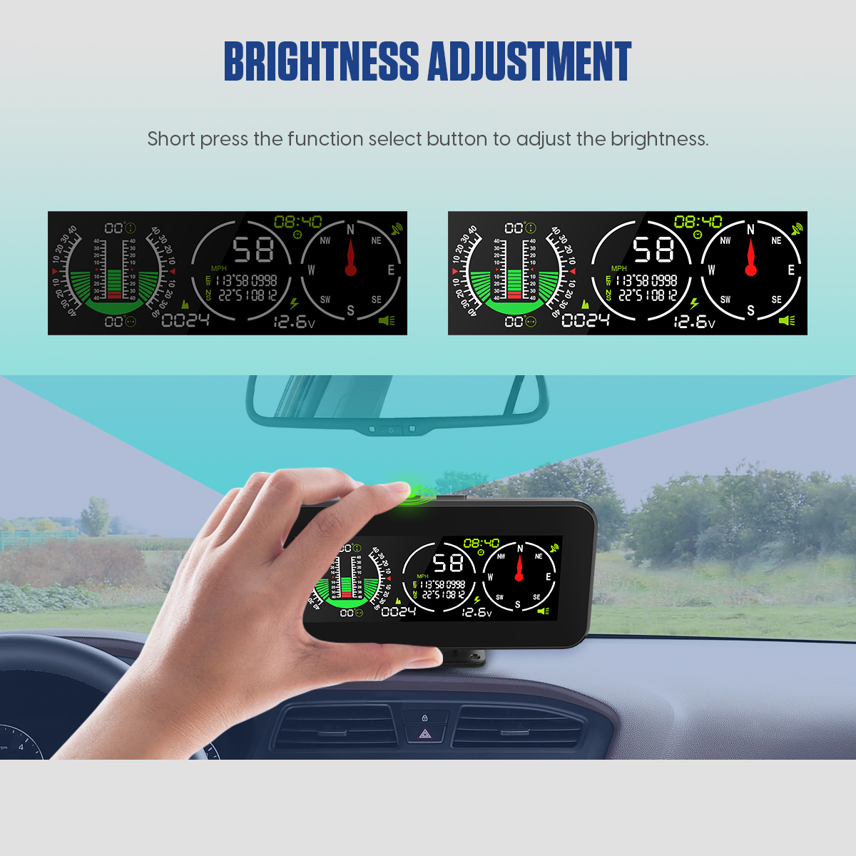 Official MRCARTOOL M60 brightness-adjustment graphic showing low and high screen levels.
