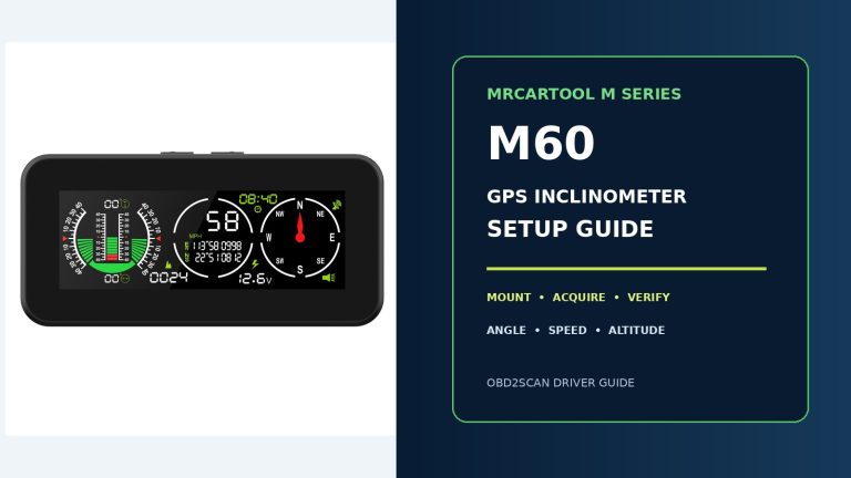 MRCARTOOL M60 GPS inclinometer beside a large illustrated setup-guide title.