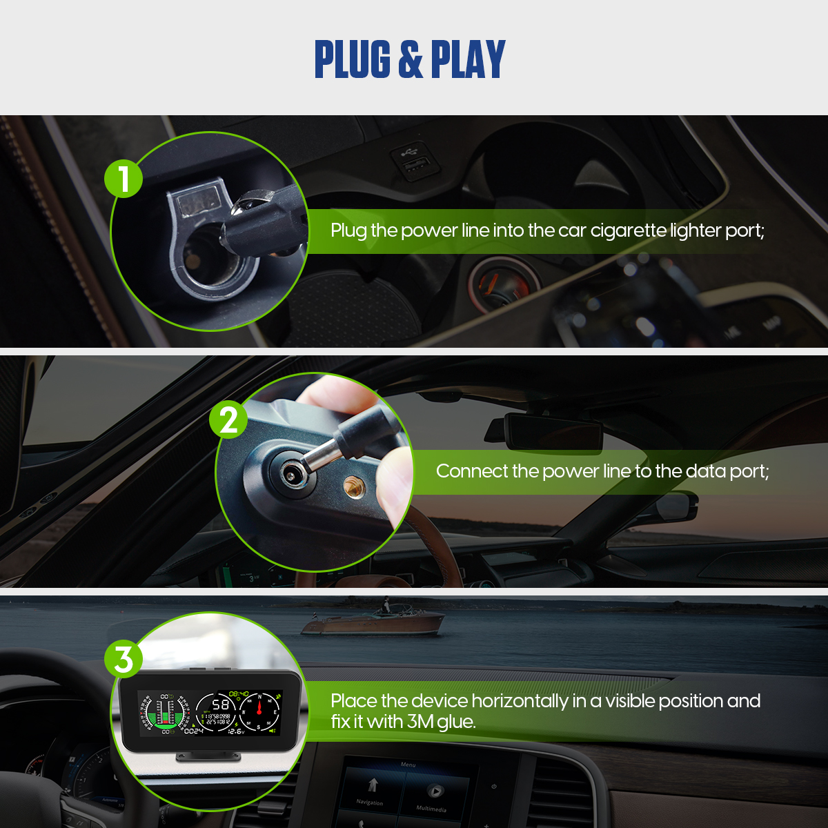 Official MRCARTOOL M60 plug-and-play sequence showing cigarette-lighter power, device connection and horizontal dashboard placement.