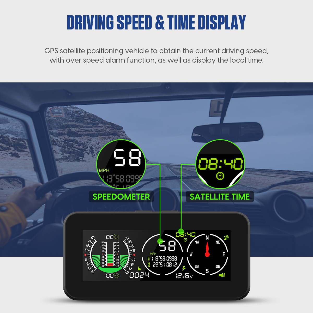 Official MRCARTOOL M60 driving-speed and satellite-time display graphic.