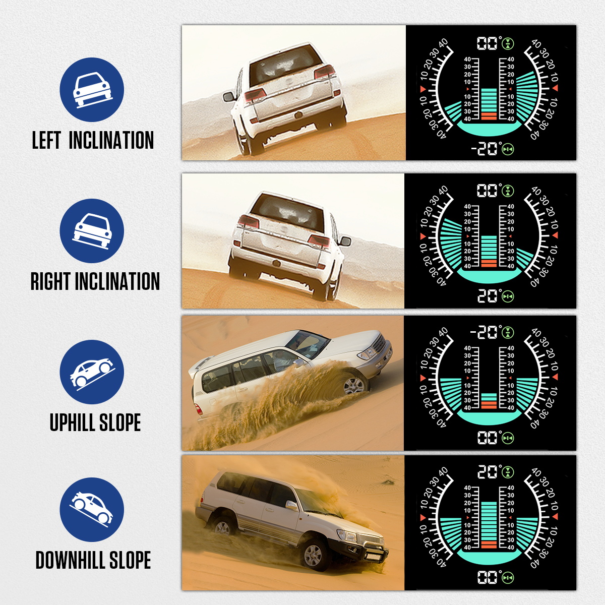 Official MRCARTOOL M80 angle graphic showing left inclination, right inclination, uphill and downhill display response.