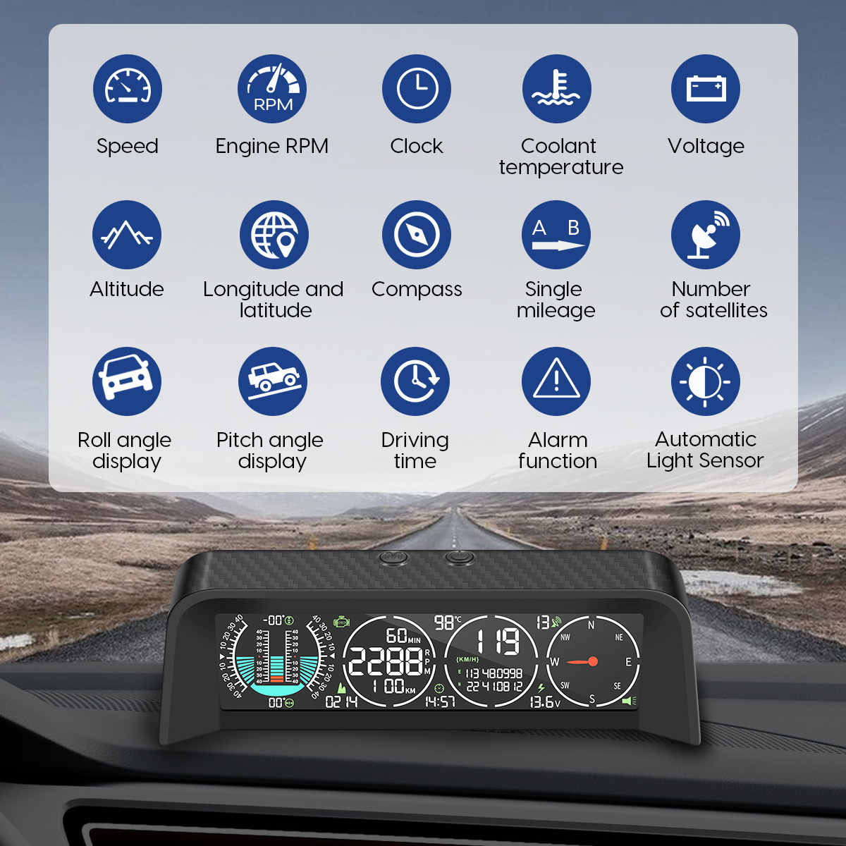 Official MRCARTOOL M80 complete function map showing speed, RPM, clock, coolant, voltage, altitude, coordinates, compass, angles, mileage, time, alarms and light sensor.