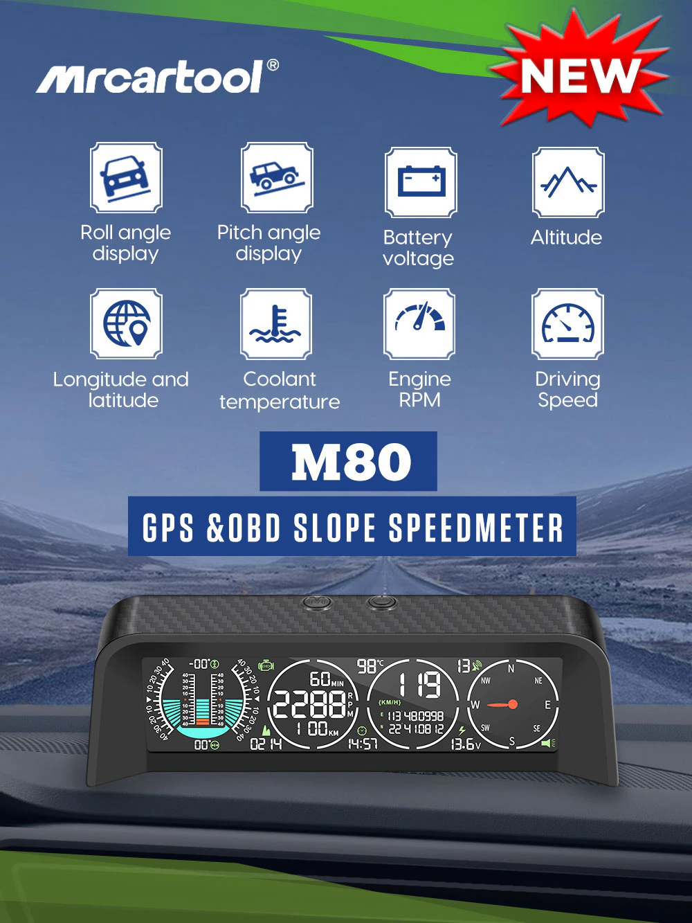 Official MRCARTOOL M80 feature overview showing roll, pitch, voltage, altitude, coordinates, compass, RPM, time, speed, alarms and light sensor.