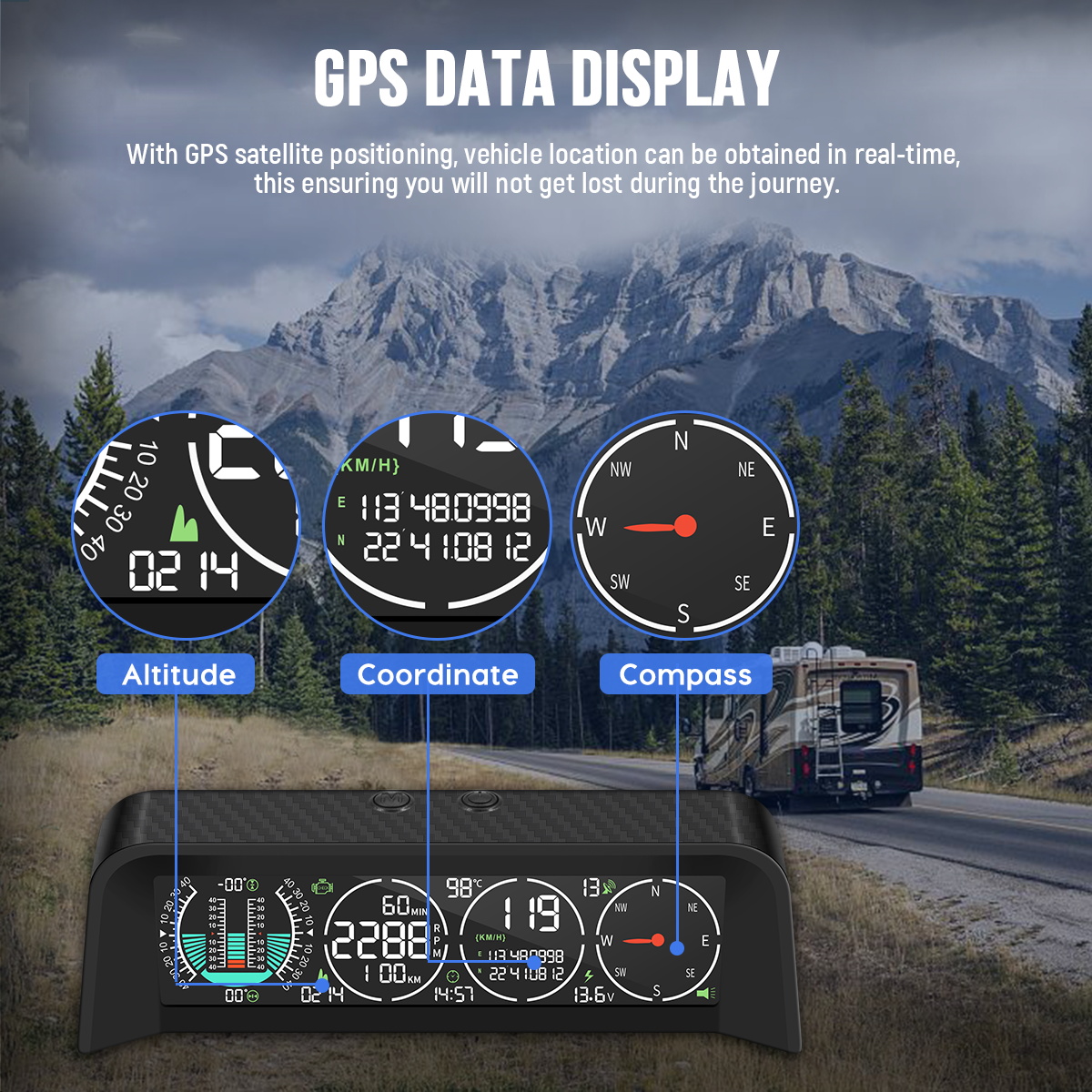 Official MRCARTOOL M80 GPS data graphic identifying altitude, coordinates and compass fields.