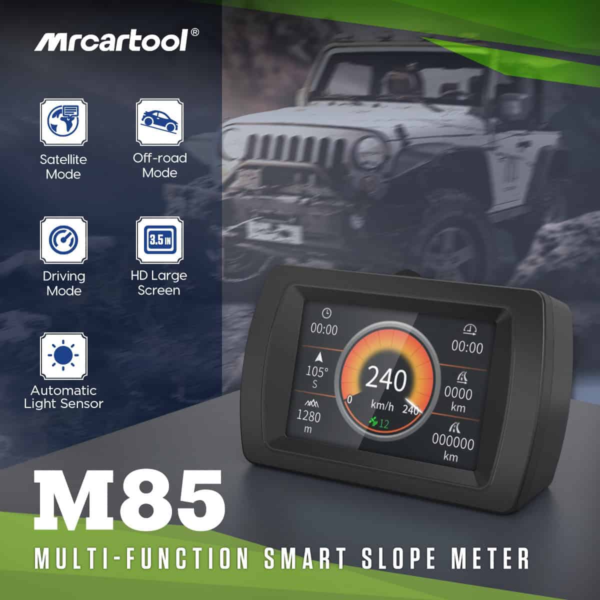 Official MRCARTOOL M85 overview showing its satellite, off-road, driving and inclinometer functions.