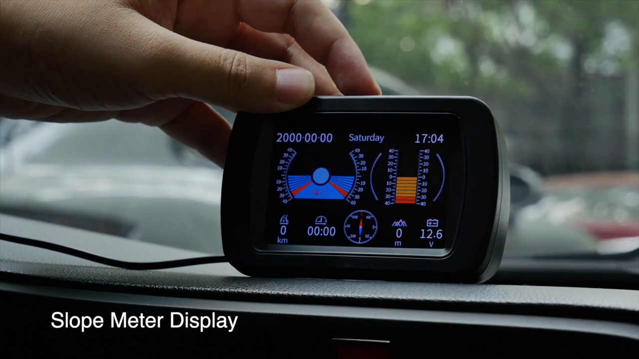 Official M85 Slope Meter Display combining attitude graphics, date, time, compass and voltage.