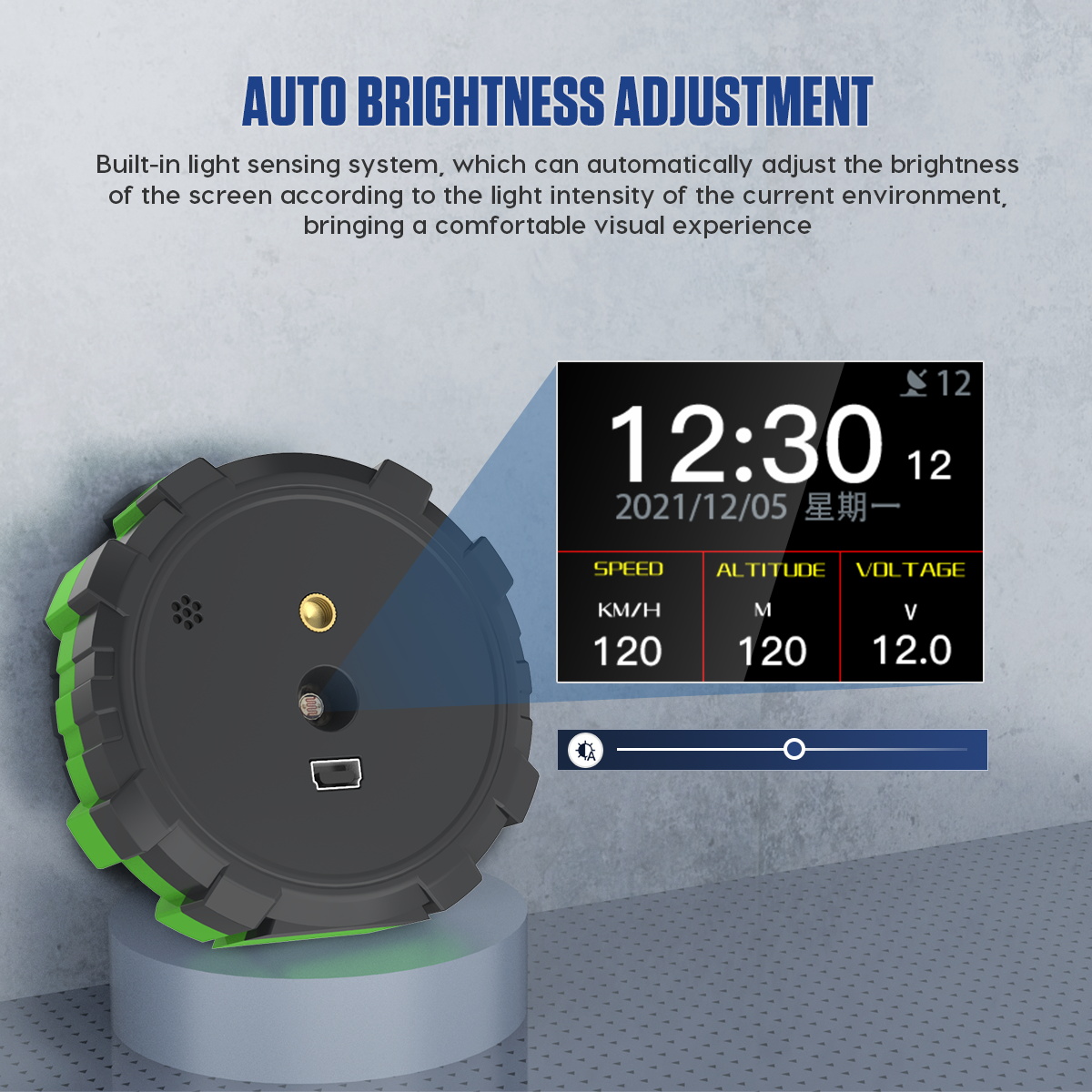 Official M95 automatic-brightness graphic showing the rear light sensor and brightness response.