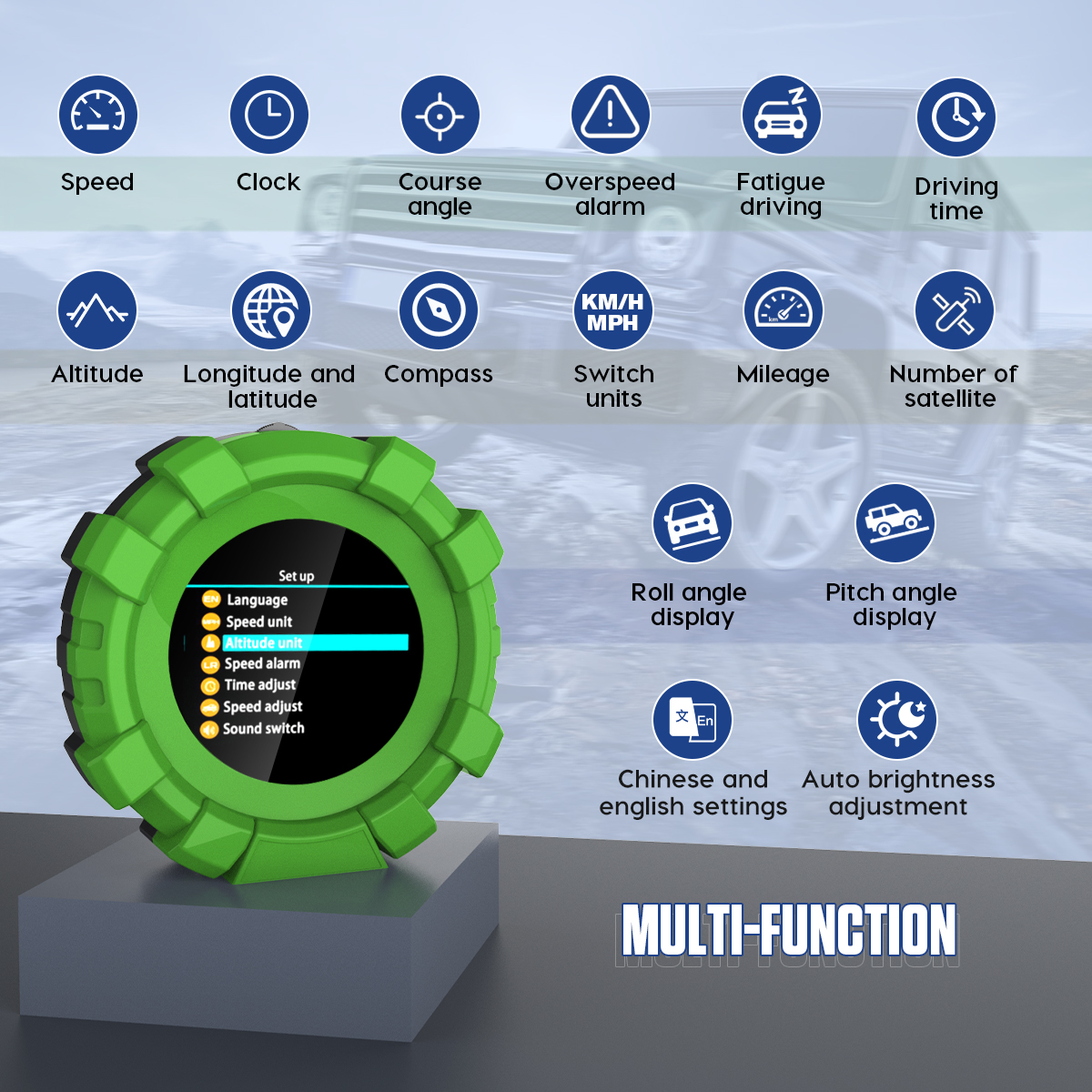 Official M95 function map covering GPS, trip, alarm, angle, unit, language and brightness features.