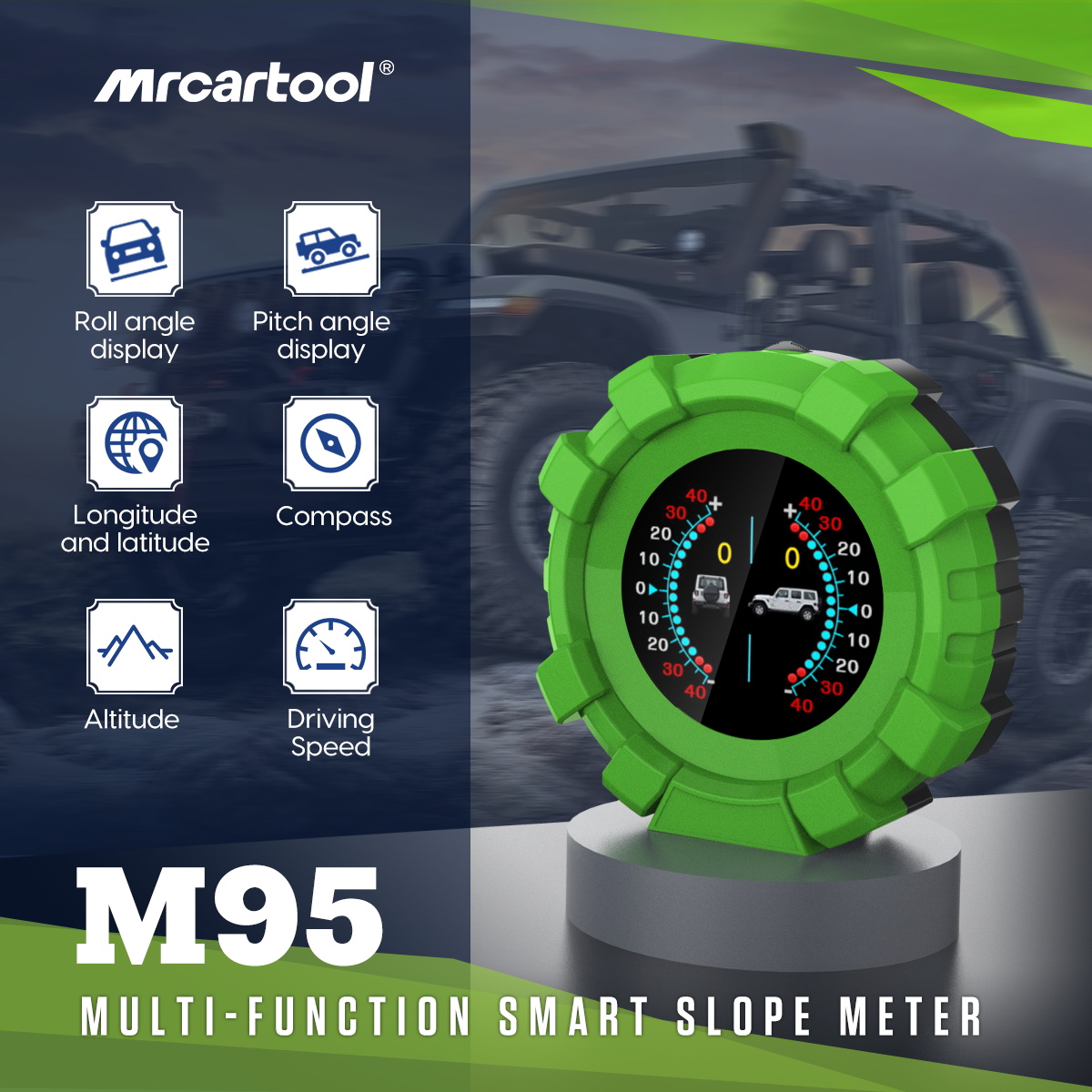 Official MRCARTOOL M95 feature overview showing roll, pitch, coordinates, compass and its round dashboard display.