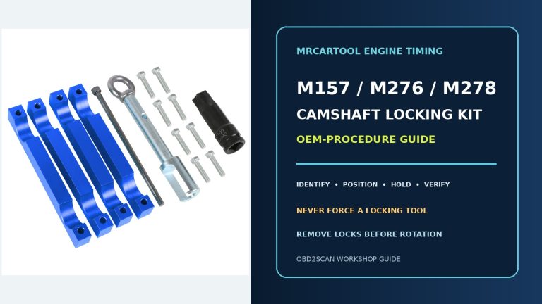 Official kit beside a large Mercedes-Benz M157/M276/M278 camshaft locking kit OEM-procedure guide title.