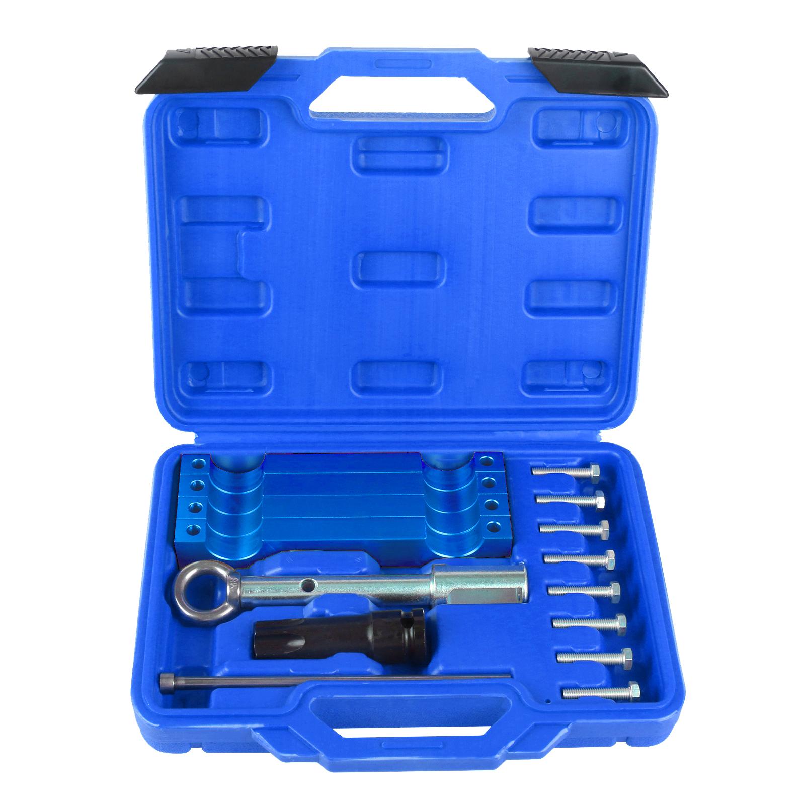 Official MRCARTOOL overview of the complete Mercedes-Benz M157/M276/M278 camshaft locking kit in its molded case.