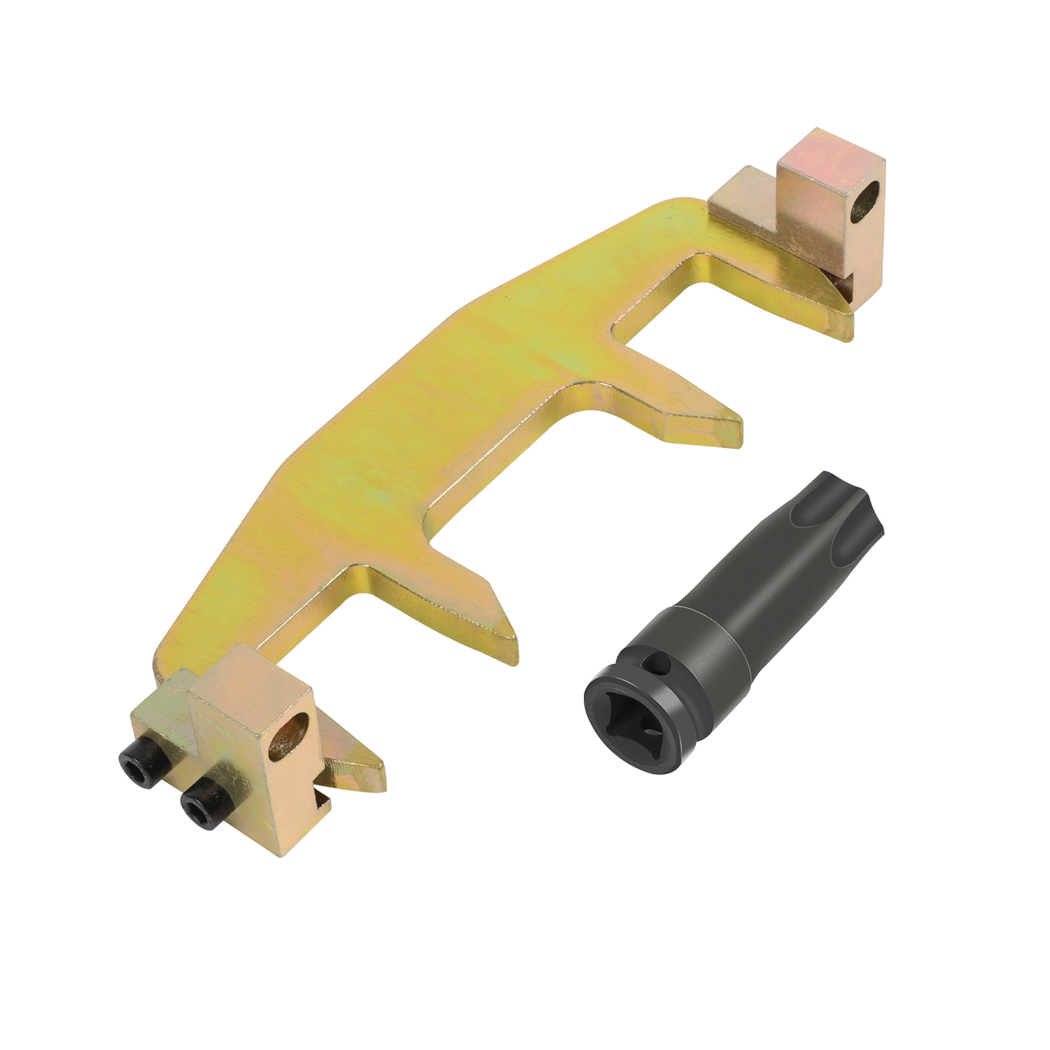 Second official angle of the Mercedes-Benz M271 timing tool kit, showing the relative shapes and storage positions of its fixtures.