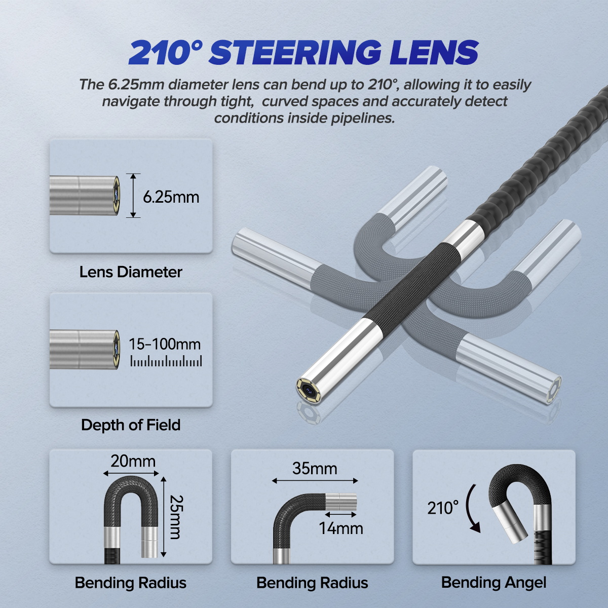 MRCARTOOL N100 6.25 mm probe showing two-way 210-degree articulation, bend radius and focus range.