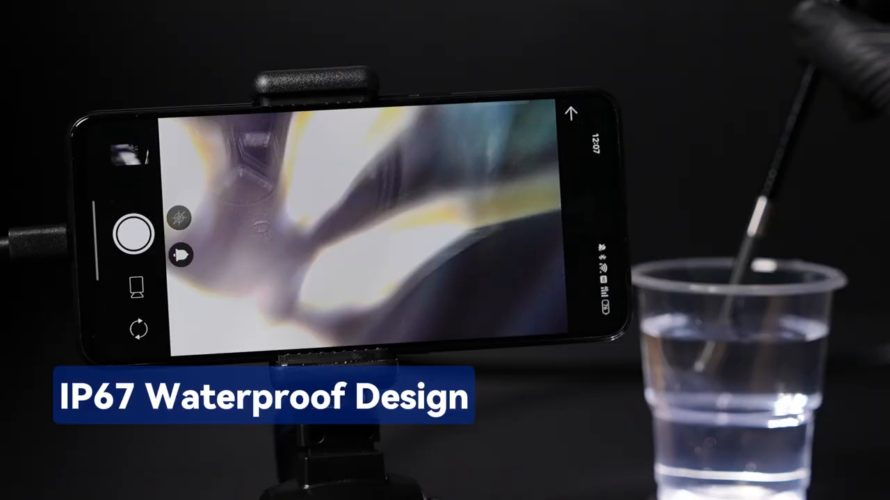 N100 camera probe shown immersed while the external display remains dry.