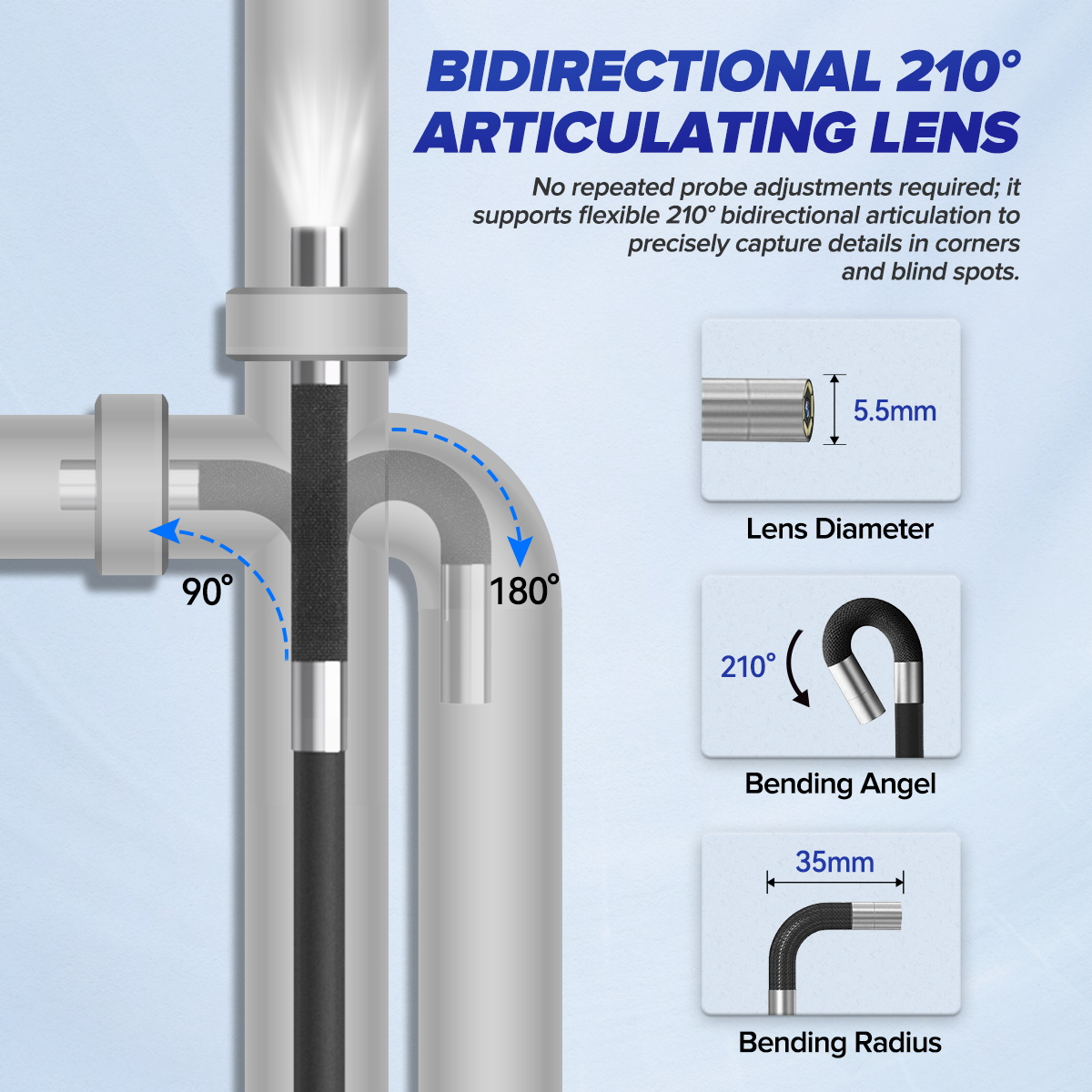 MRCARTOOL N130 5.5 mm probe showing two-way 210-degree articulation, bend radius and focus range.