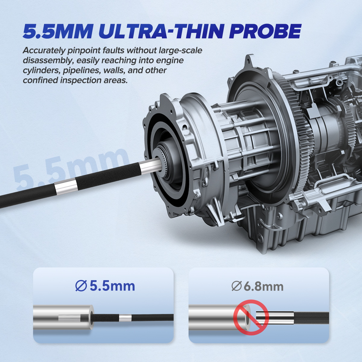 MRCARTOOL N130 5.5 mm probe entering a narrow transmission inspection opening.