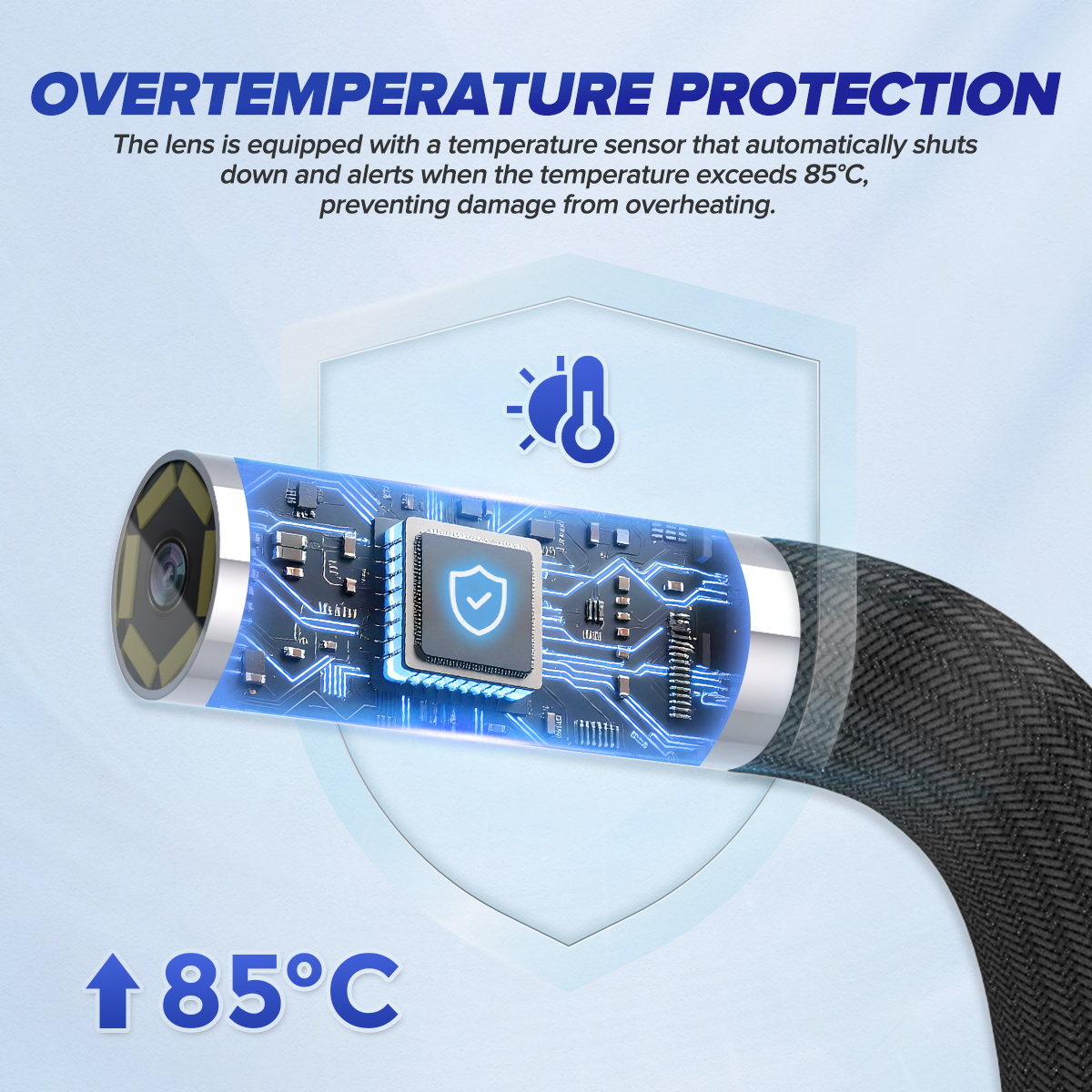 MRCARTOOL N130 camera-head temperature warning and protection illustration.