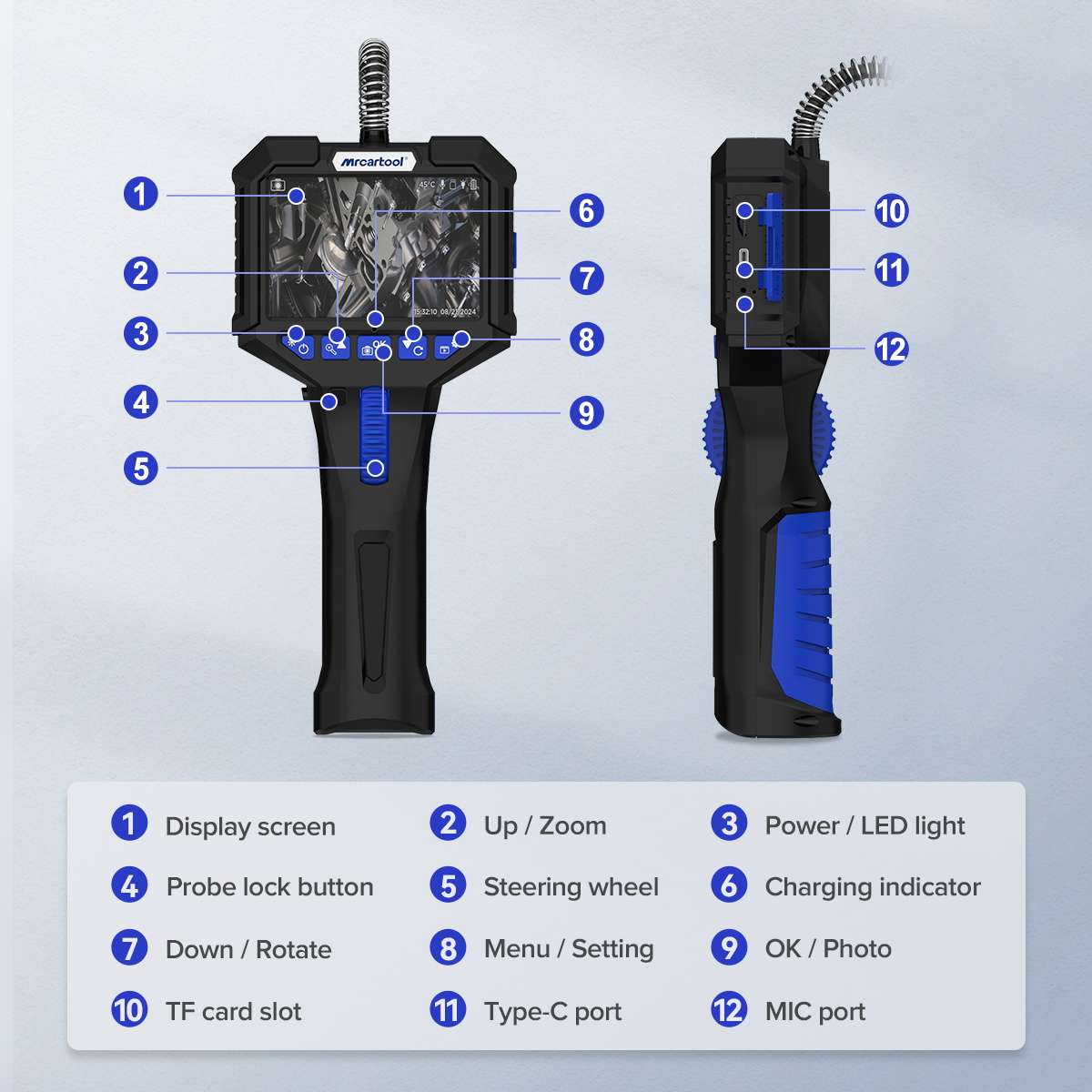 MRCARTOOL N150 control layout showing display, steering wheel, TF card slot, Type-C port and probe connection.