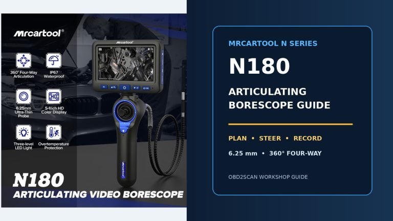 MRCARTOOL N180 four-way articulating borescope with operating-guide title.
