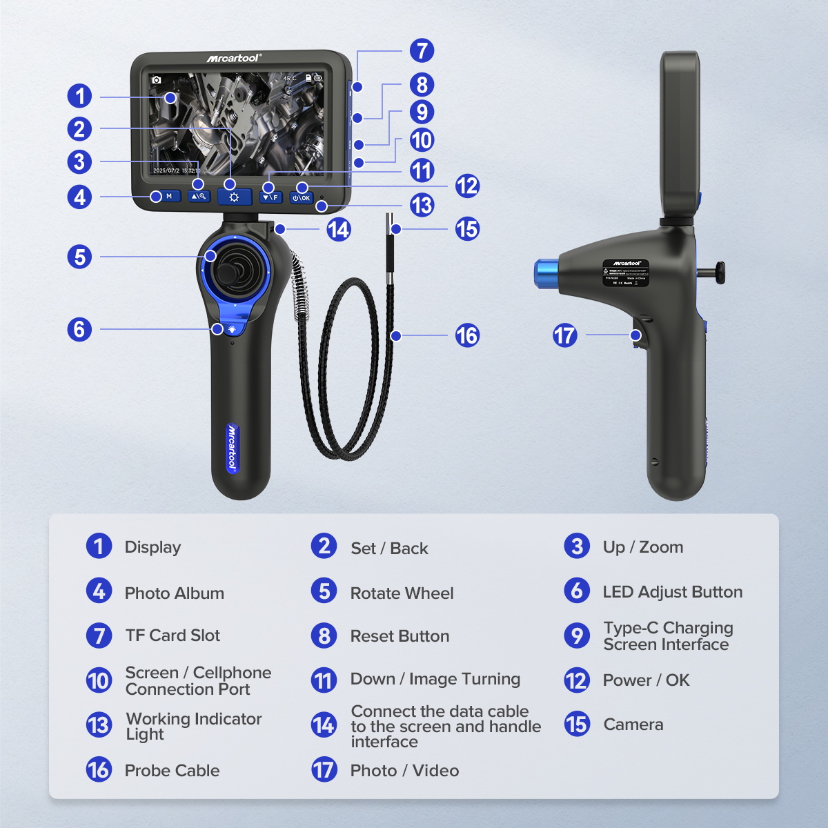 MRCARTOOL N180 control layout showing display, steering wheel, TF card slot, Type-C port and probe connection.