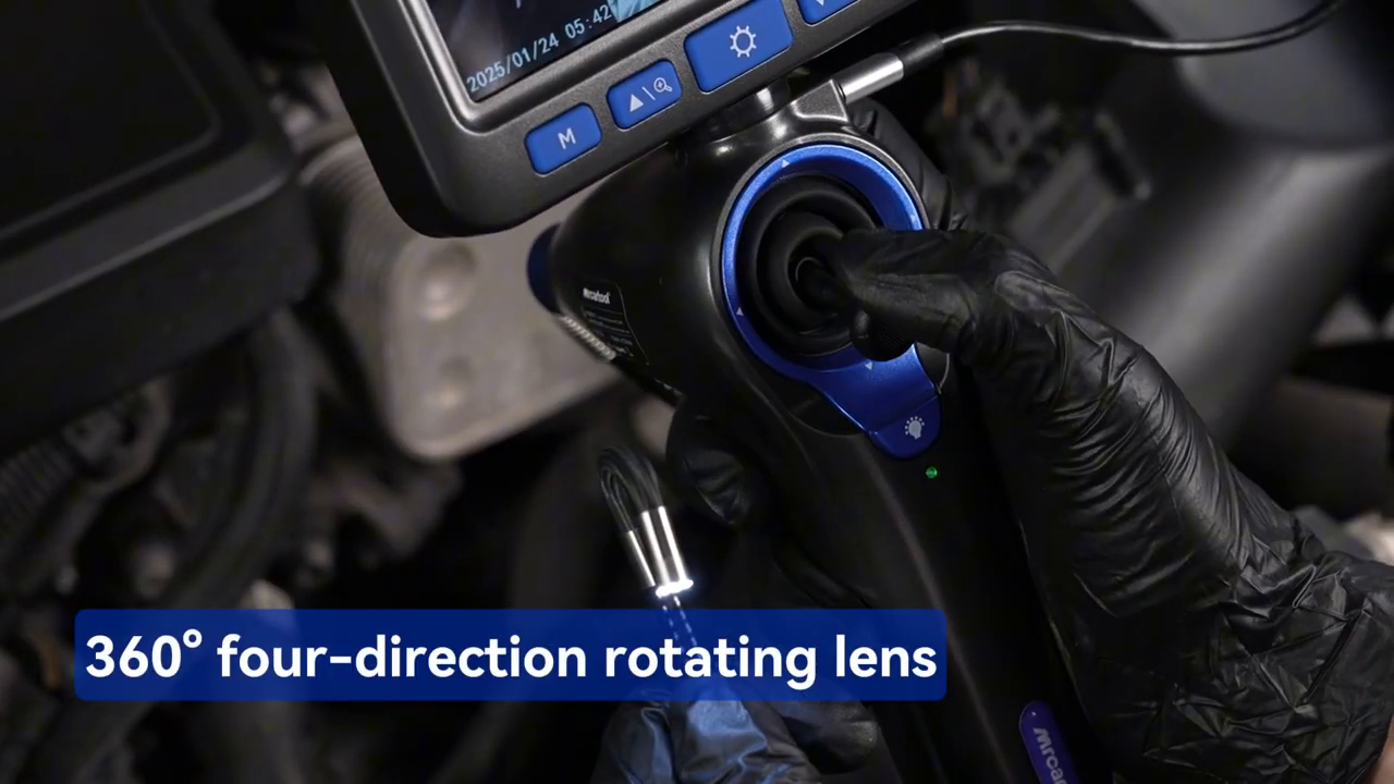 MRCARTOOL N180 6.25 mm probe showing four-way 360-degree articulation, bend radius and focus range.