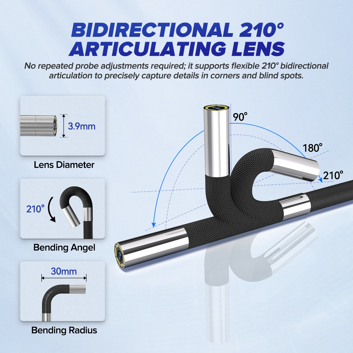 MRCARTOOL N220 3.9 mm probe showing two-way 210-degree articulation, bend radius and focus range.
